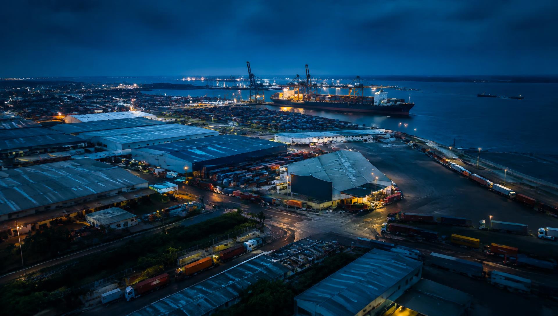 Logistics hub and port at dusk