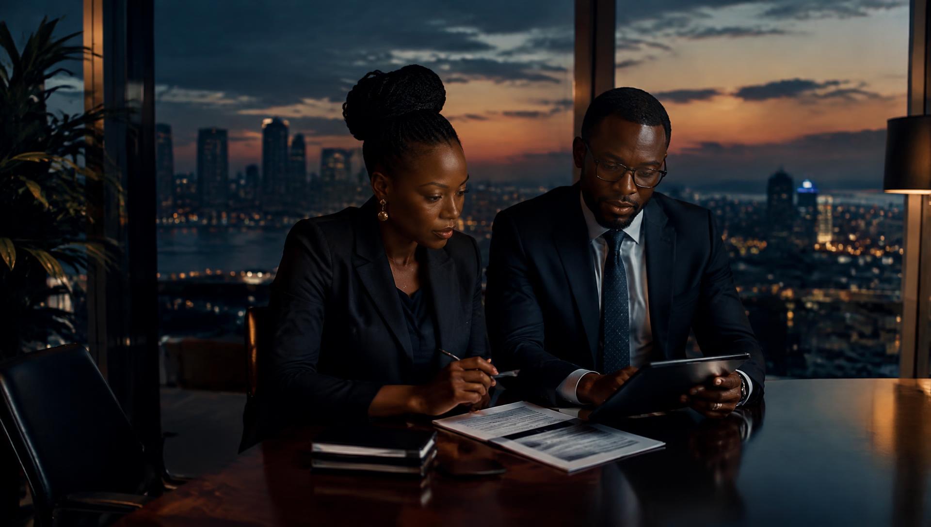 Executives reviewing an acquisition file in Lagos